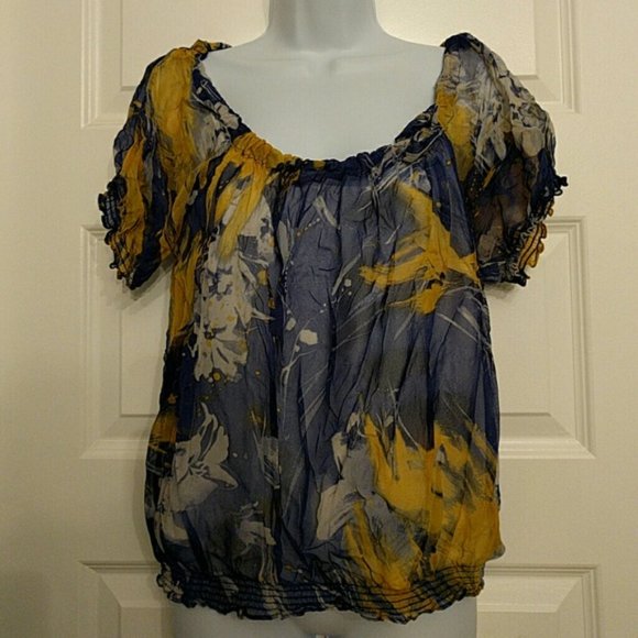 CALVIN KLEIN blue yellow chiffon underlay top blouse S - Picture 4 of 6